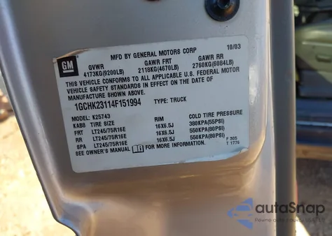 2004 Chevrolet Silverado 2500Hd Lt из США, поврежденный, VIN 1GCHK23114F151994